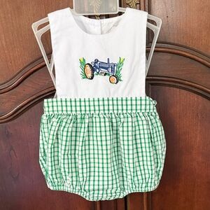 The Smocking Place Tractor Bubble Romper 6M Green Gingham Boys 100% Cotton